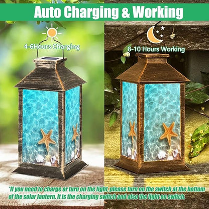 Solar Lantern Seashell Summer Beach sea Water Summer Outdoor Garden Hanging Lantern Waterproof Solar Powered Lighting Outside Table Lamp for Patio Deck Yard Camping Beach House Decor, 1 Pack