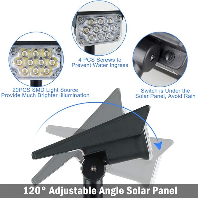 T-SUNUS 20 LED Solar Spotlights, IP65 Waterproof 2-in-1 Outdoor Solar Landscape Light for Yard Garden Driveway | Lumora