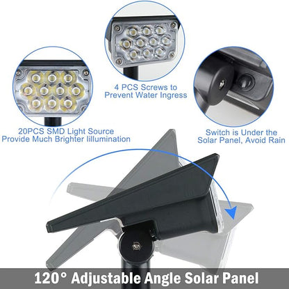 T-SUNUS 20 LED Solar Spotlights, IP65 Waterproof 2-in-1 Outdoor Solar Landscape Light for Yard Garden Driveway Porch Walkway Pool Patio 2 Pack Cold White
