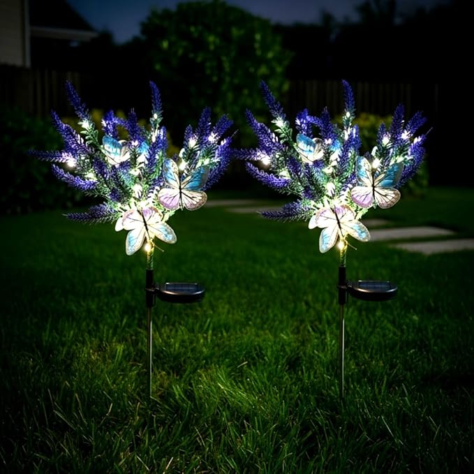 Solar Garden Decor Lights Outdoor, Lavender Butterfly Flower Stakes Light, 2 Pack Waterproof LED Flower Lights, for Garden Pathway Patio Backyard Landscape (Warm White)