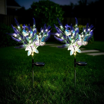 Solar Garden Decor Lights Outdoor, Lavender Butterfly Flower Stakes Light, 2 Pack Waterproof LED Flower Lights, for Garden Pathway Patio Backyard Landscape (Warm White)