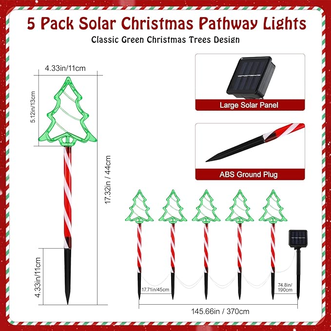 Lewondr Solar Christmas Pathway Lights, 5 PCS Solar Christmas Decorations Outdoor with 2 Lighting Modes, Green Xmas Tree Lights with Red Pole and Garden Stake, Waterproof Yard Lawn Patio Holiday Decor