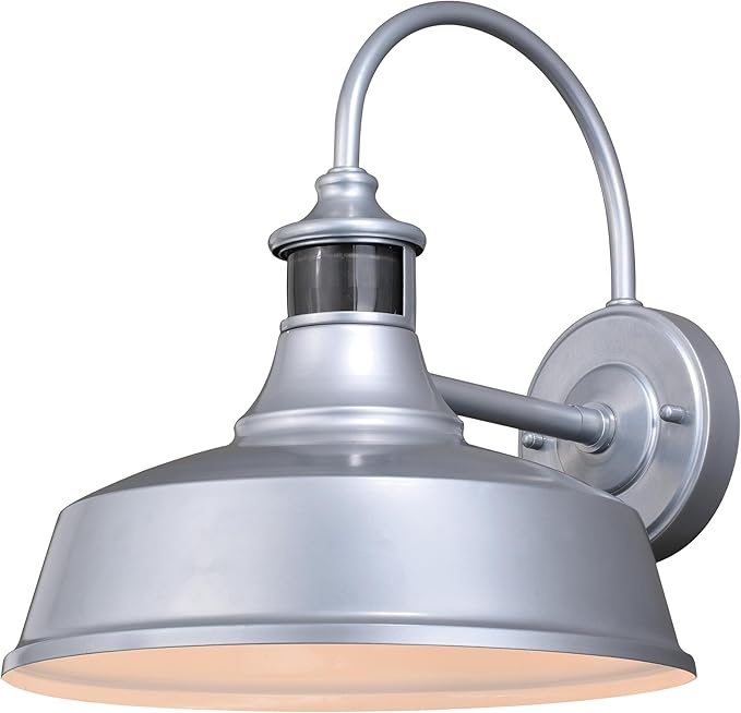 VAXCEL Dorado Outdoor Steel Wall Light with Motion Sensor, 12" W x 12.25" H Rustic Farmhouse Gooseneck Wall Sconce for Porch, Patio, Deck, or Front Door, Silver