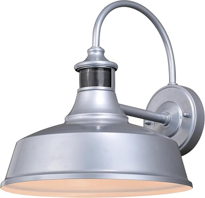 VAXCEL Dorado Outdoor Steel Wall Light with Motion Sensor, 12" W x 12.25" H Rustic Farmhouse Gooseneck Wall Sconce for Porch, Patio, Deck, or Front Door, Silver