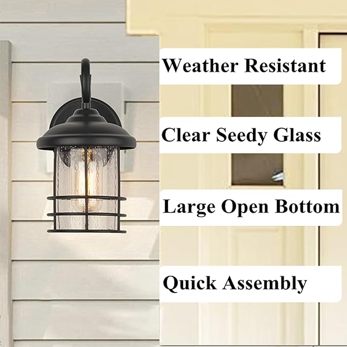 MICSIU 9.8" Oil Rubbed Bronze Outdoor Wall Sconce, Exterior Light Fixture with Round Seedy Glass Cylinder, 5.5" W Waterproof Outside Wall Mount Lantern for House, Porch, Garage, E26 Base