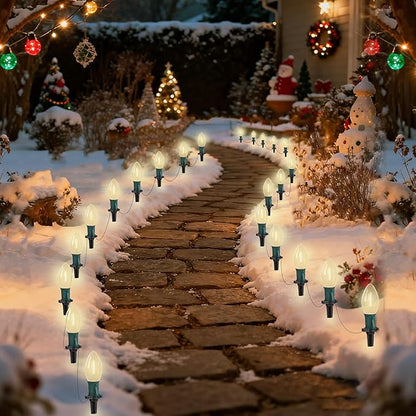 C9 Christmas Pathway Lights Outdoor 38Ft Connectable C9 LED Christmas String Lights with 25 LED Warm White Stakes Lights for Walkway Outdoor Yard Driveway Lawn Decorations
