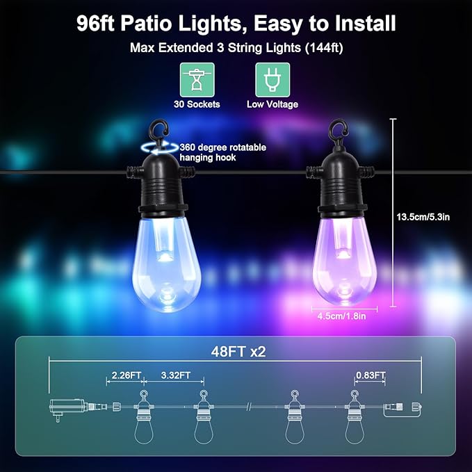 96FT Outdoor String Lights, DIY Infinite Colors, Music Sync Dimmable, WiFi Alexa/Google Assistant Compatible | Lumora