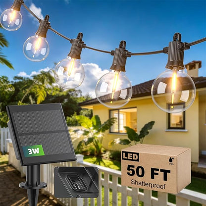50FT Solar String Lights Outdoor Waterproof IP65 with USB-Charging , Solar Powered LED Patio Lights with 25+2 Shatterproof G40 Globe Bulbs, Hanging Lights for Outside Backyard Garden Bistro Gazebo