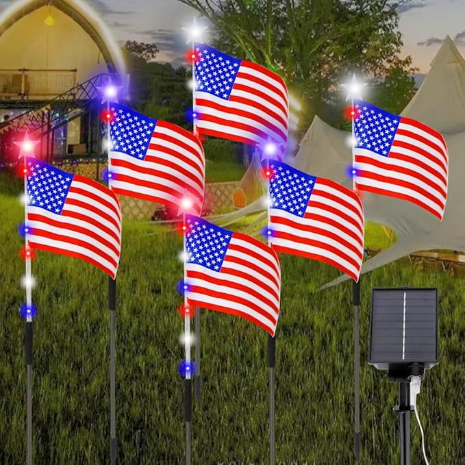 6 Flag Lights 4th of July Decorations 8 Lighting Modes, 6-in-1 American Flag Solar Lights, Memorial Day Decorations with Red White and Blue Lights for Independence Day Path Garden Decor Yard Pathway