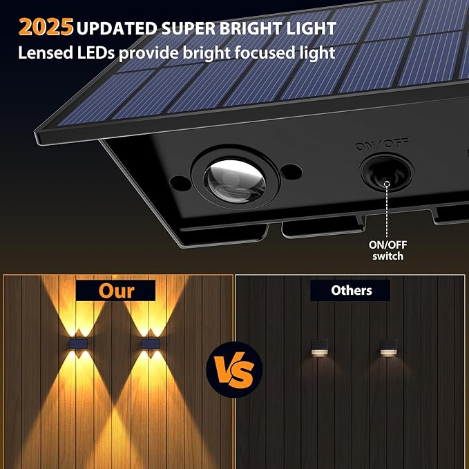 Solar Fence Lights,12 Pack Solar Lights Outdoor Warm White + RGB Up & Down Solar Wall Lights Waterproof 100 Lumens | Lumora