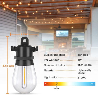 DGE Outdoor LED String Lights 48FT Patio Shatterproof & Waterproof IP65, 18 AWG UL Listed Wire Bright String Light for Patio, Backyard, Gazebo, Porch, Wedding Party