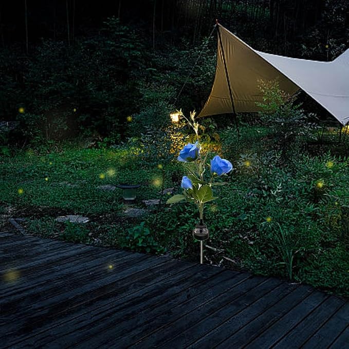 Solar Garden Lights,Solar Flowers Outdoor Waterproof with Rose, Garden Lights Solar Powered Waterproof, Solar Flower Lights, Solar Lights for Outside Garden Patio Yard Decorations (Blue)