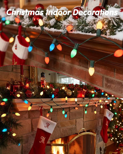SUNSGNE 25Ft Multicolor Christmas Lights Outdoor, C7 Vintage Christmas String Lights with 27 Multicolor Ceramic Bulbs(2 Spare) for Holidays, Christmas Prom Party Wedding- Green Wire