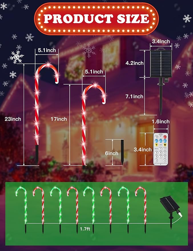 ZHAHA Solar Christmas Pathway Lights Outdoor Decorations, Solar Candy Cane Lights for Yard Patio Garden Walkway with 8 Light Mode, Remote, Timer, 48 LED, Upgraded Christmas Outdoor Decorations, 8 Pack