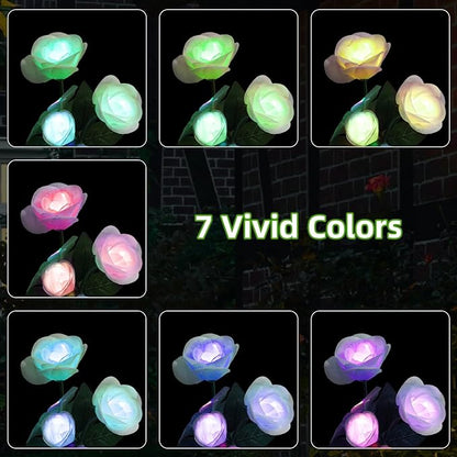 Solar Rose Garden Lights Outdoor Decorative, 7 Color Changing Solar Flower Lights Waterproof, 40H Solar Powered Pathway Lights for Yard Lawn Patio Walkway Landscape Decor, 2pcs