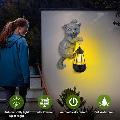 Solar Cat Outdoor Statues for Garden Decor Hugger Solar Lantern Resin Statue for Outside Balcony Decorations Gift for Grandma Women (Grey Cat)