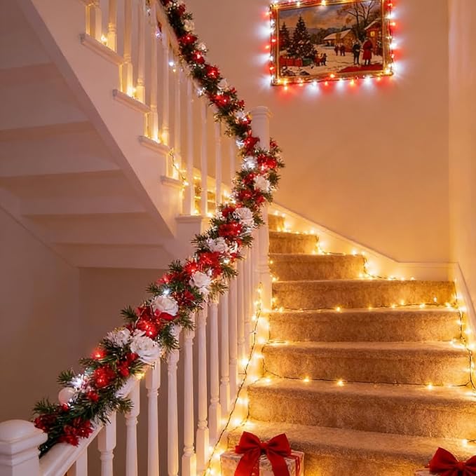 LAMPHOME Red White Valentine's String Lights，50LED Fairy Light Decor 25 Ft Indoor & Outdoor Party Patio Bedroom, Xmas Tree Garland Easter Holiday Decoration