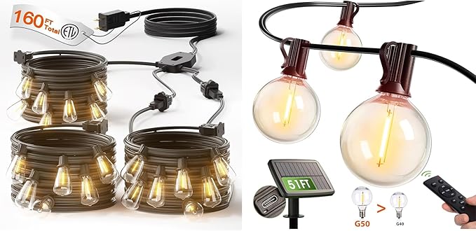 addlon 160FT LED Outdoor String Lights (3x50FT) 50FT Solar String Lights for Outside G50