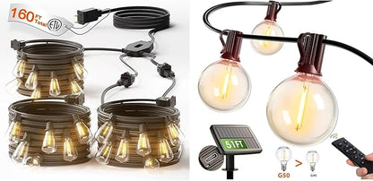 addlon 160FT LED Outdoor String Lights (3x50FT) 50FT Solar String Lights for Outside G50