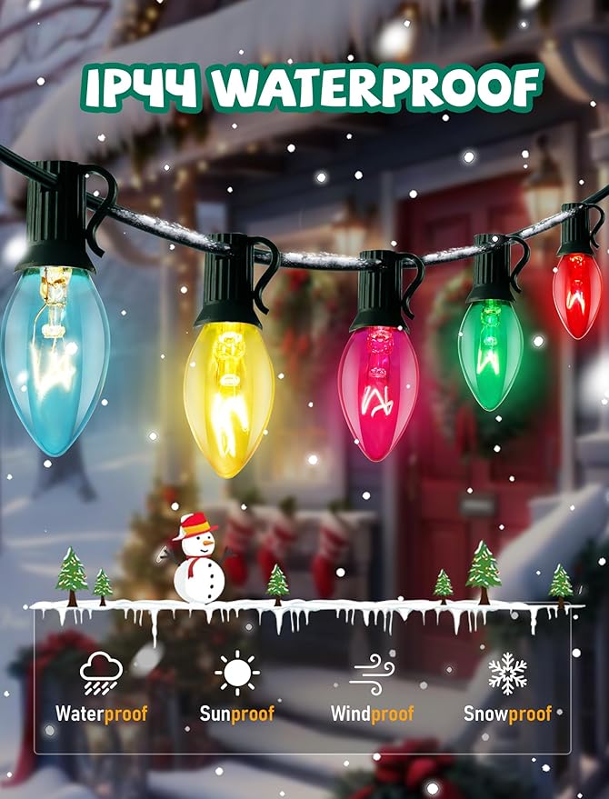 C7 Christmas Lights Outdoor, 25Ft Vintage Christmas String Lights with 27 Multicolor Clear Bulbs, Hanging Christmas Decorations Lights for Xmas Tree Roofline House Garden Patio Yard-Green