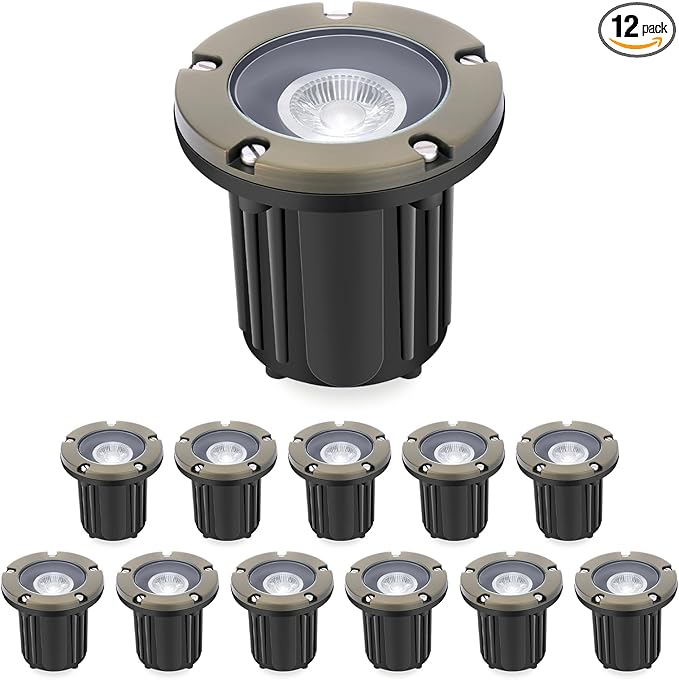 Gardencoin Brass Low Voltage Landscape Well Lights (5" Cover, 5.5" Tall), 12V LED Wired In-Ground Outdoor Up | Lumora