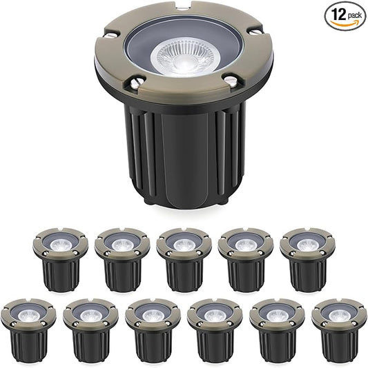 Gardencoin Brass Low Voltage Landscape Well Lights (5" Cover, 5.5" Tall), 12V LED Wired In-Ground Outdoor Up Lighting Fixture Waterproof, Adjustable Beam Direction Base, Without MR16 Bulb (12 Pack)