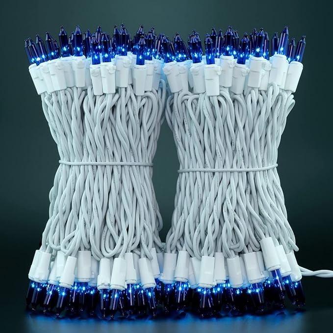 YULETIME 200 Blue Christmas Lights, Pack of 2 Sets 33 Feet 100 Count UL Certified Incandescent String Lights (Blue - White Wire)