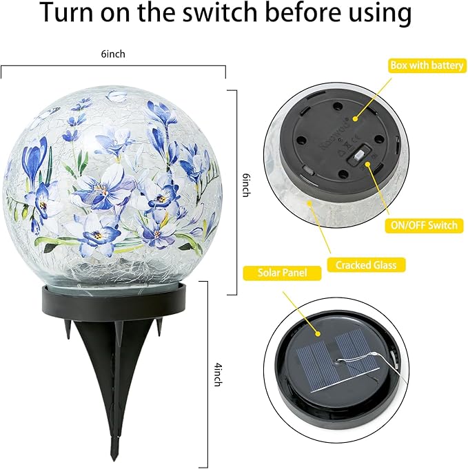 Solar Globe Lights Outdoor Waterproof, Cracked Glass Ball Orb Lights, Waterproof Globes for Garden Pathways, Patio Decor & Backyard Landscaping, Round Ornaments Orbs (Blue Flower)