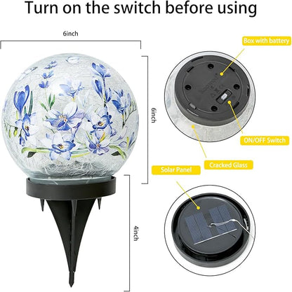Solar Globe Lights Outdoor Waterproof, Cracked Glass Ball Orb Lights, Waterproof Globes for Garden Pathways, Patio Decor & Backyard Landscaping, Round Ornaments Orbs (Blue Flower)