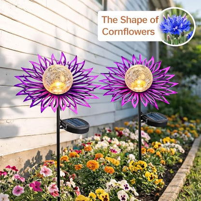 Solar Garden Lights Outdoor Decor, Metal Flower Solar Stake Light with Warm White Crackle Glass, Waterproof Yard Art Ornament for Patio Lawn Backyard, Unique Gardening Gifts for Women(Purple)