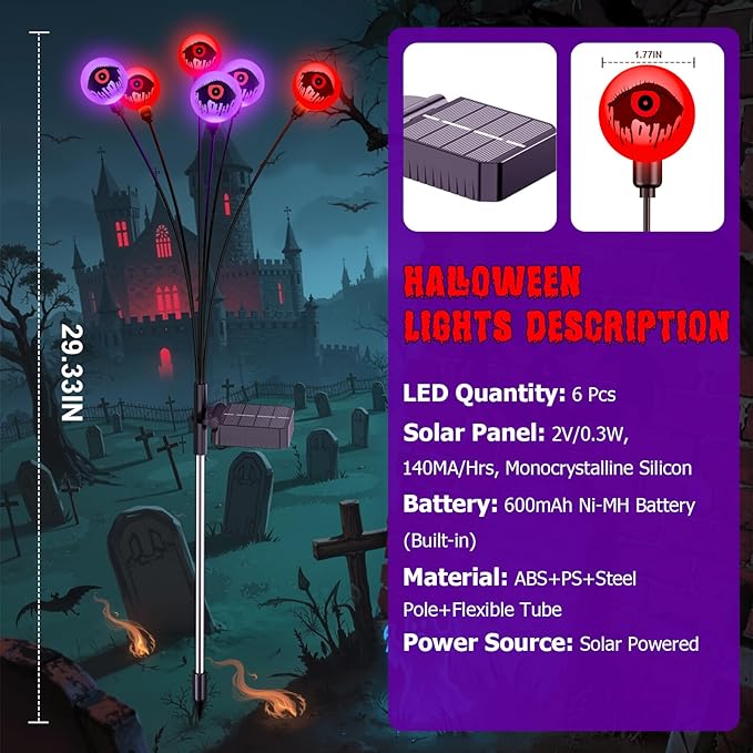 Halloween Decorations Outdoor Solar Lights, 6 Pack 36LEDs Scary Halloween Lights, Waterproof Swaying by Wind Spooky Solar Eyeballs Light for Yard Garden Grave Cemetery Halloween Decor