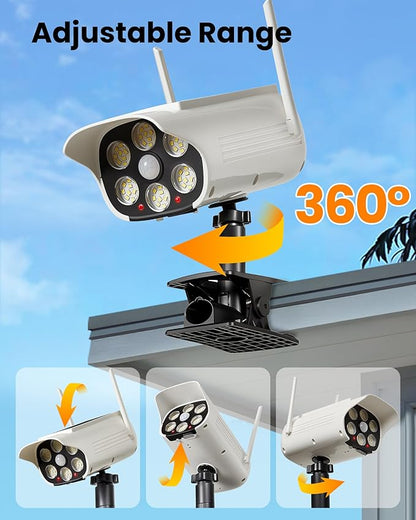 Clip On Solar Fake Security Cameras with Light, Motion Sensor Outdoor Lights, IP66 Waterproof Dummy Surveillance Camera for Gutter Fence Garages Warehouses (Clamp 1)