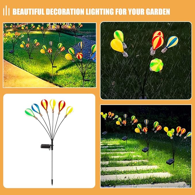 HOMSFOU 2pcs Solar Hot Air Balloon Stake Lights for Garden Lawn, LED Solar-Powered Outdoor Pathway Lamps with Firefly Effect, Solar Garden Decor for Patio and Camping