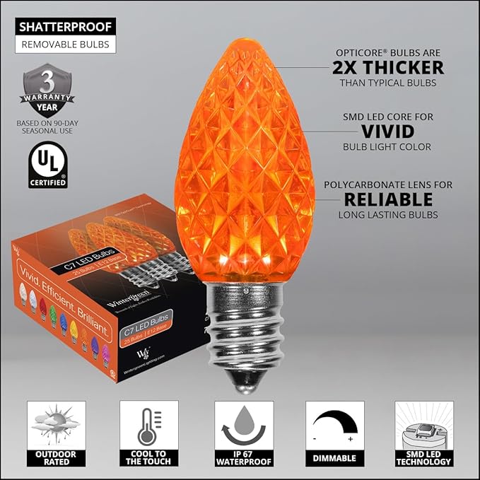 Wintergreen Lighting C7 OptiCore Commercial Orange Christmas Lights – LED Bulbs for - Outdoor Security Flood Light | Lumora