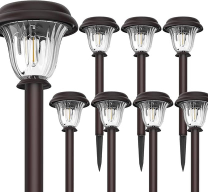 DERAYSION 8 Pack Stainless Steel Glass Solar Pathway Lights and 12 Pack Solar Lights Outdoor Bundle