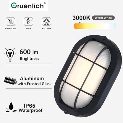 GRUENLICH 8.5'' Oval Outdoor Wall Lights, Dimmable LED Bulkhead Light, Sauna & Exterior Lighting, ETL Rated, 6W 600 Lumen, 3000K Warm White, Black Cast Aluminum, Wall/Ceiling Mount, 1-Pack