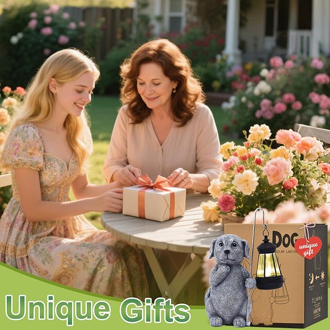 Qeeman Solar Dog for Garden Decor: Weatherproof Resin Statues with Lantern for Outdoor Outside Yard Pathway Patio Porch Balcony Decorations - Gifts for Mom Grandma Dog Lovers