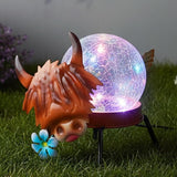 Solar Lights Outdoor Highland Cow Decor with Crackle Glass Globe Lights - Cute Metal Cow - Garden Figurine Light | Lumora