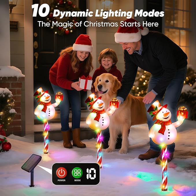 Solar Christmas Decorations Outdoor: Set of 5 Snowman Pathway Lights with Candy Cane Stakes - 10 Modes Waterproof Solar Powered Holiday Yard Decor for Garden Lawn Walkway - Gifts for Women Men