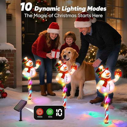 Solar Christmas Decorations Outdoor: Set of 5 Snowman Pathway Lights with Candy Cane Stakes - 10 Modes Waterproof Solar Powered Holiday Yard Decor for Garden Lawn Walkway - Gifts for Women Men