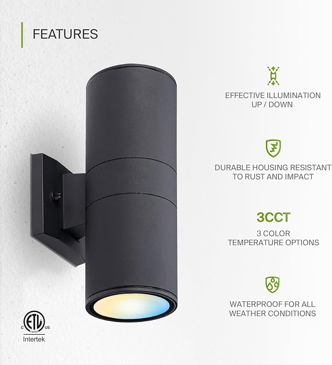 ASD 2 Light LED Indoor & Outdoor Wall Light Fixture | 18W 1900LM 3000K-5000K 120V Cylinder Up Down Lights | | Lumora