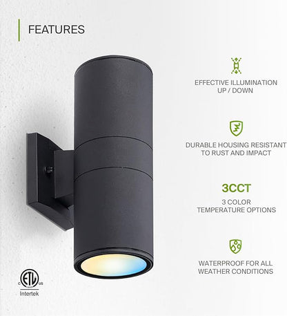 ASD 2 Light LED Indoor & Outdoor Wall Light Fixture | 18W 1900LM 3000K-5000K 120V Cylinder Up Down Lights | Dimmable Waterproof Exterior Wall Sconce | Front Door, Porch, Patio | Black, ETL 2 Pack