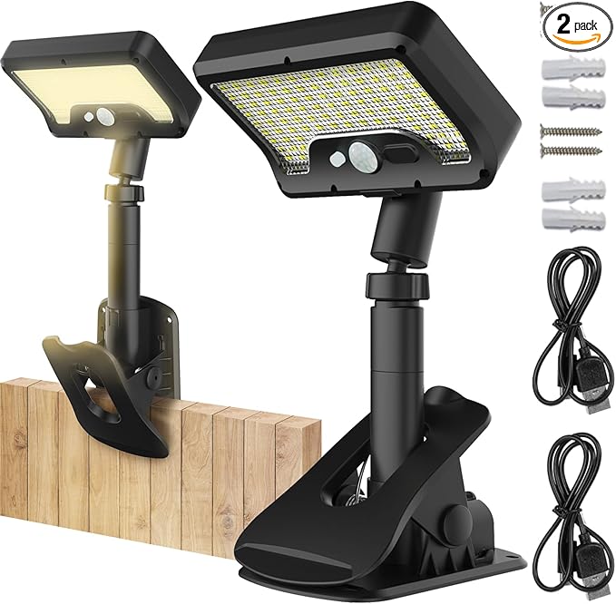 Pacify Clip On Solar Lights Outdoor, 92 LEDs 600LM 3000K Bright Solar Fence Lights with Motion Sensor, 360° Rotatable IP65 Waterproof 3 Modes Clamp Light for Deck Gutter Patio (2 Pack Warm Light)