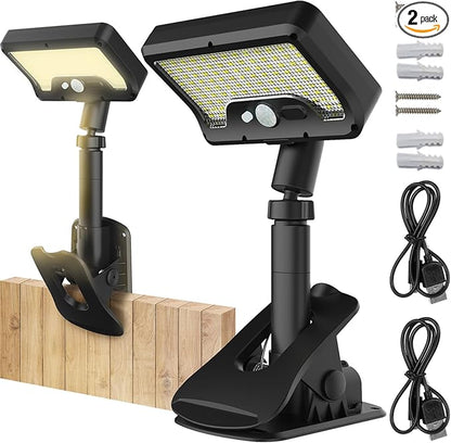 Pacify Clip On Solar Lights Outdoor, 92 LEDs 600LM 3000K Bright Solar Fence Lights with Motion Sensor, 360° Rotatable IP65 Waterproof 3 Modes Clamp Light for Deck Gutter Patio (2 Pack Warm Light)