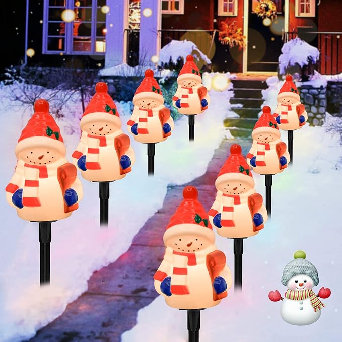 Christmas Snowman Pathway Stakes Lights 7Ft C7 Outdoor Landscape String Light with 4 Snowman Driveway Markers(E12 Base 5w) for Patio Yard Garden Lawn Decoration 1 Pack, White