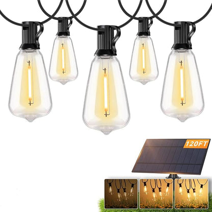 Brightever 120FT Solar String Lights Outdoor Waterproof, Patio Lights Solar Powered with Remote, 50+2 Shatterproof ST38 LED Bulbs, Dimmable&3 Lighting Modes, Hanging Outdoor Lights for Outside, Party