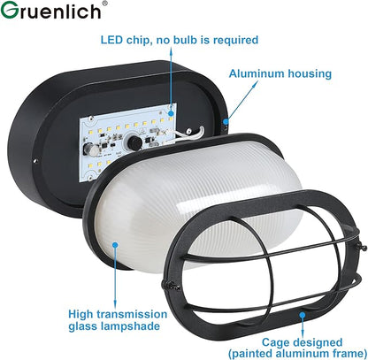 GRUENLICH LED Bulkhead Light, Flush Mount for Wall or Ceiling, 6W 600 Lumen, Dimmable 5000K Daylight White, Aluminum Housing, Water-Proof for Outdoor, Black Finish 1-Pack