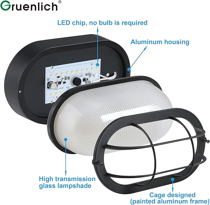 GRUENLICH LED Bulkhead Light, Flush Mount for Wall or Ceiling, 6W, 600 Lumen, Dimmable 5000K Daylight White, Aluminum Housing, Outdoor Rated, Black Finish, 2-Pack