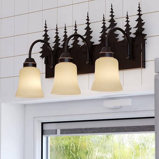 VAXCEL Yosemite 3-Light 24.75 inch Wide Burnished Bronze Rustic Cabin Bathroom Vanity Lighting Fixture, Amber Flake | Lumora