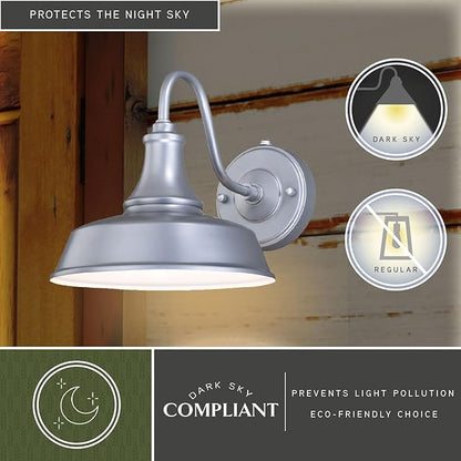 VAXCEL Dorado 9 in. H 1-Light Satin Silver and White Dusk to Dawn Sensor Farmhouse Outdoor Wall Sconce, Gooseneck Steel Shade, Dark Sky Compliant for Exterior Porch Patio Front Door or Garage
